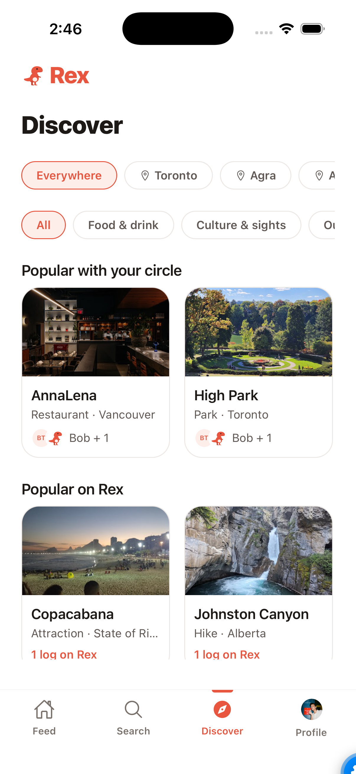 Rex Discover screen ranking places popular with your circle
