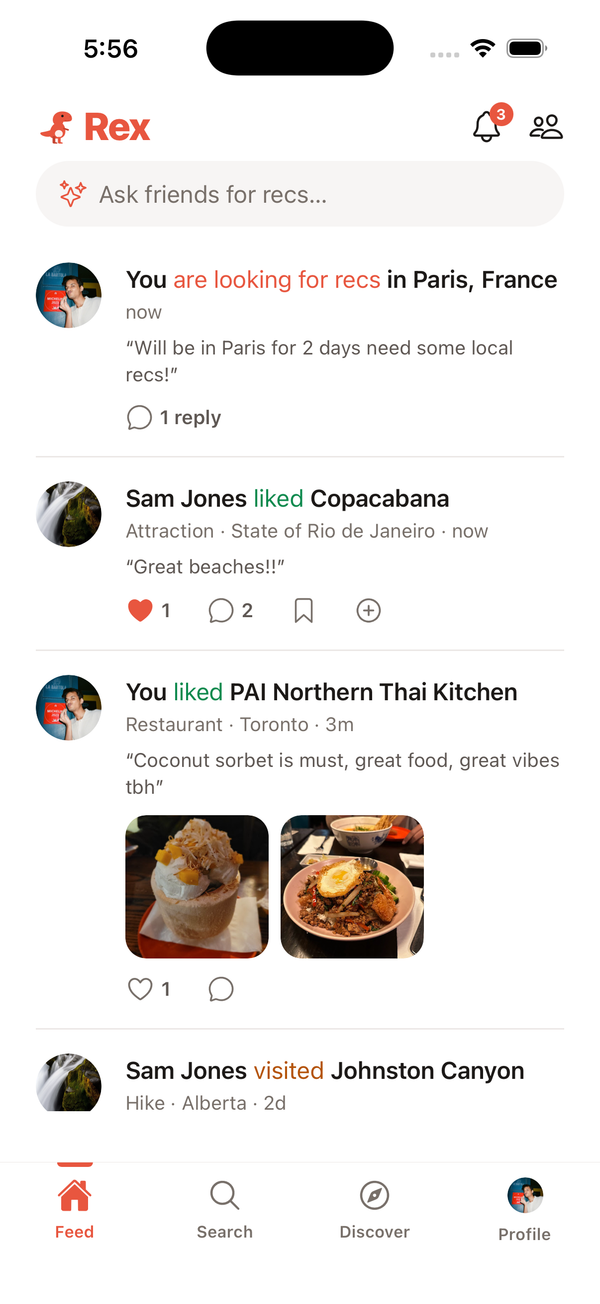 Rex feed screen showing friends' latest experiences