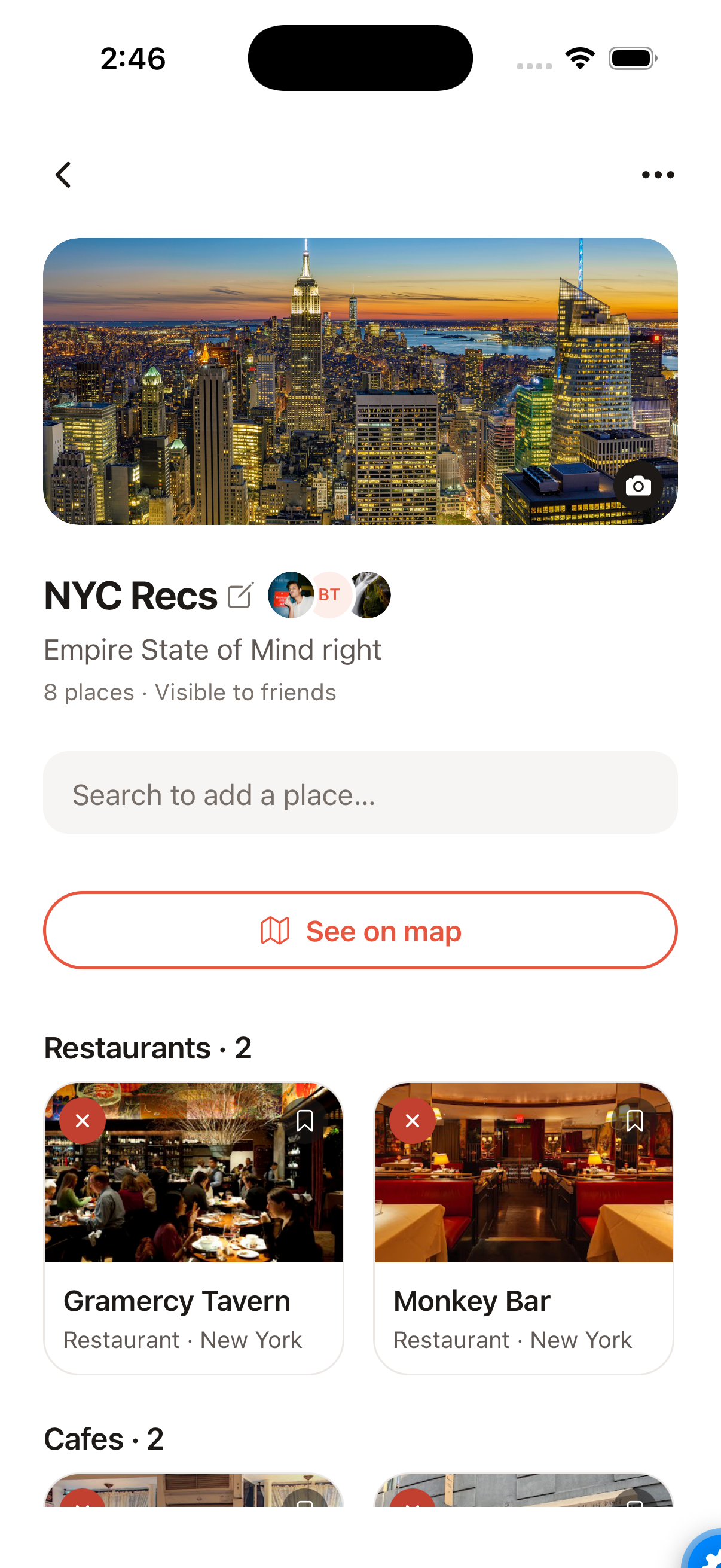 A collaborative Rex list called NYC Recs with six saved places