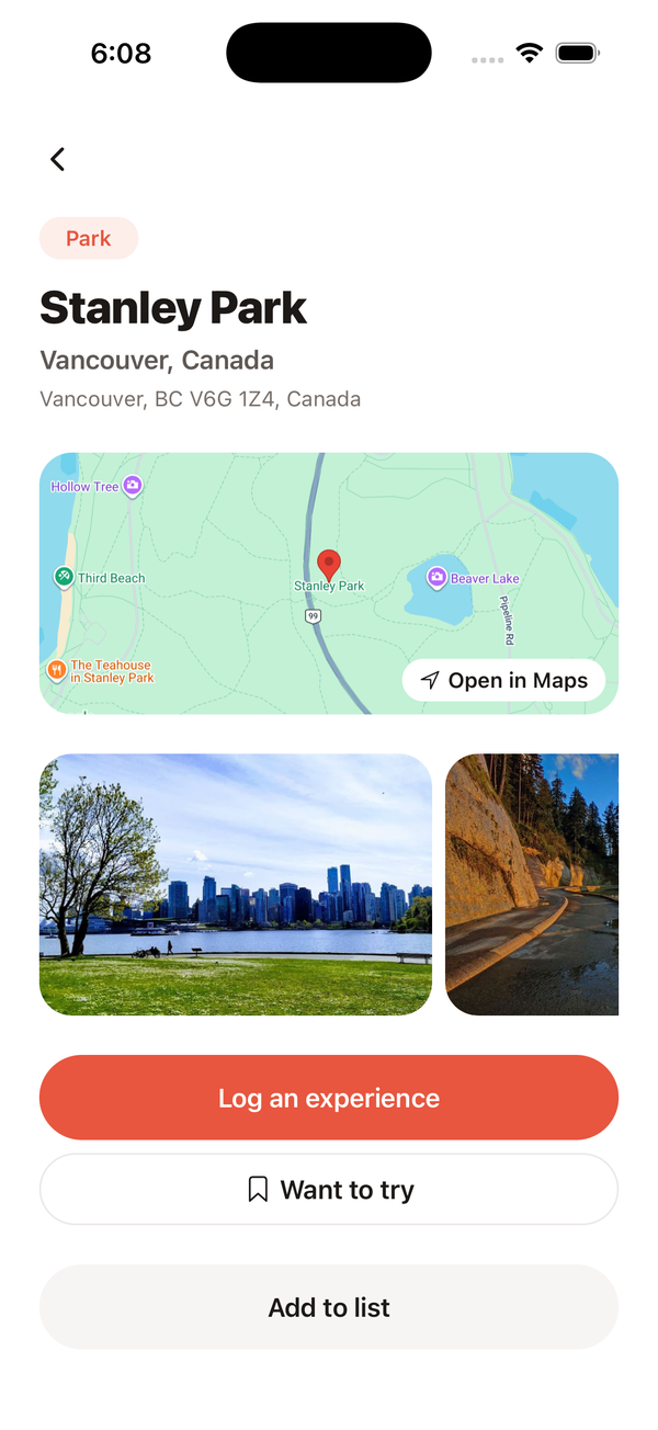 Rex place screen for Stanley Park with a map, photos, and log buttons